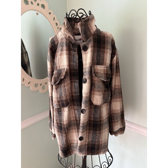 Miss Selfie Plaid Shacket Jacket Button Up Front Size Large Brown - Picture 1 of 4